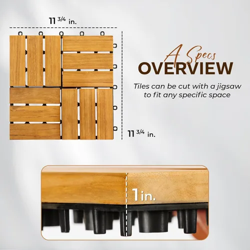 Vista 5 de Idzo Azulejos entrelazados para terrazas – 10 azulejos de madera de teca maciza con acabado aceitado, azulejos para interiores y exteriores