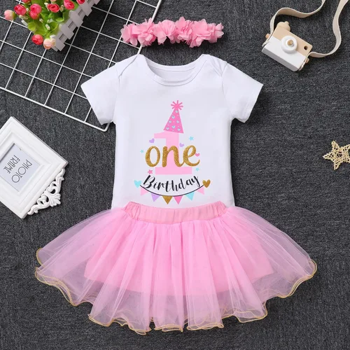 Vista 2 de IBTOM CASTLE Conjunto de ropa de 3 piezas para 123 cumpleaños para bebés y niñas con banderines de princesa tutú de arco iris y diadema