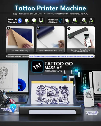 Vista 3 de Impresora inalámbrica de plantillas de tatuaje 2025 con 10 piezas de papel de transferencia, máquina impresora de tatuajes para artistas de tatuajes