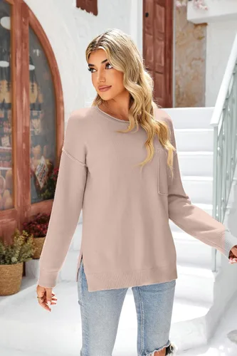 Vista 3 de Imysty Suéteres para mujer, cuello redondo, manga larga, abertura lateral, casual, suéter de punto