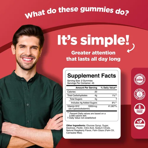Vista 3 de Brain Gummies - Gomitas de vitamina B12 para concentración y claridad en la memoria, 90