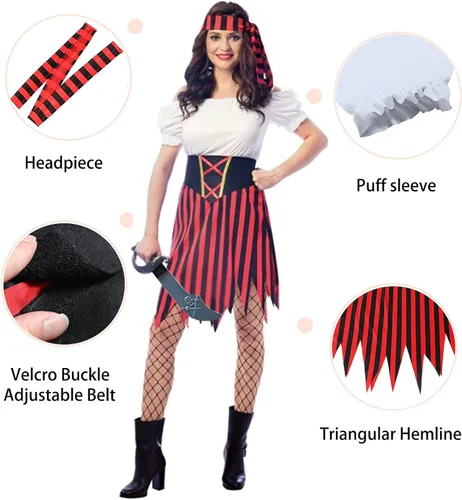 Vista 3 de Wizland Disfraz de pirata para mujer, disfraz de pirata, vestido de estilo modesto con cinturón y tocado
