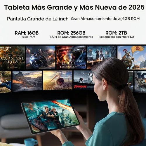 Vista 3 de Tablet de pantalla grande de 12 pulgadas, Android 15 Tablet 16GB RAM 256GB ROM, 2K 2000x1200 Incell Widevine L1 Display, tabletas