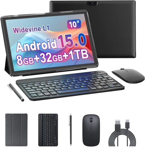 Vista 8 de Tablet de 10 pulgadas 2 en 1 Android 15 tabletas con teclado, tabletas de 10 pulgadas incluyen mouse teclado Stylus Case, 6000mAh 8GB RAM 32GB ROM
