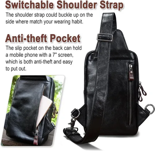 Vista 3 de Bolso bandolera de cuero genuino para hombres y mujeres, bolso cruzado para el hombro, mochila lateral, bolso de pecho, bolso cruzado casual