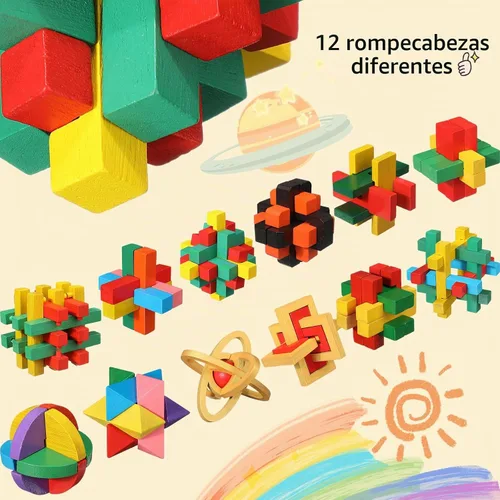 Vista 2 de Syhood Juego de 12 piezas de rompecabezas de madera para el cerebro 3D IQ Challenge Toy Games Logic Mind Smart Puzzle Box Lock Toy Brain Teaser