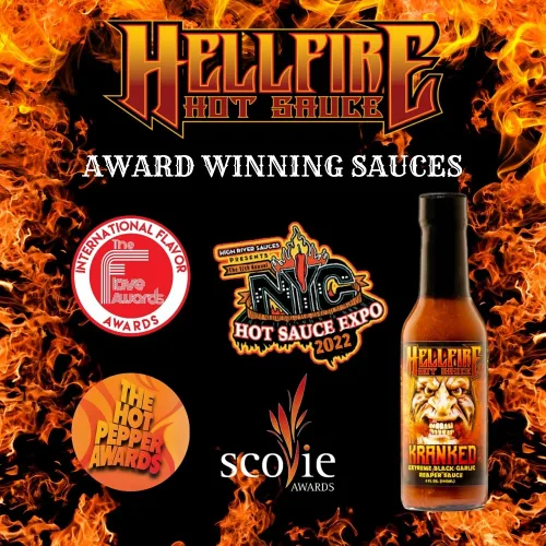 Vista 7 de Hellfire Hot Sauce Kranked - Salsa picante gourmet de ajo negro y Carolina Reaper, presentada en el programa de televisión Hot Ones, 5 onzas.