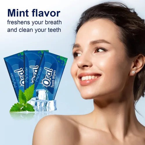 Vista 3 de MySmile 100 piezas de toallitas de dientes, cepillo de dedos de limpieza profunda, cepillo oral para limpieza de dientes, sabor a menta
