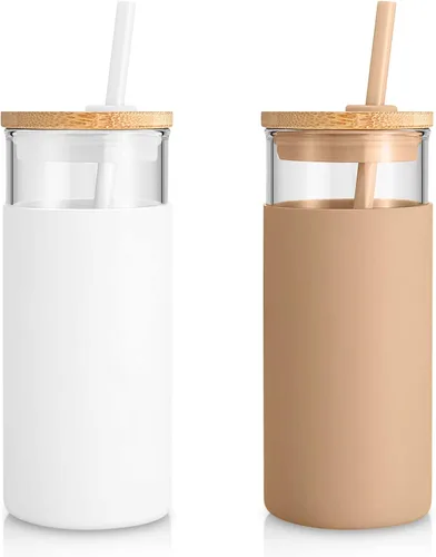 Vista 18 de Tronco Vaso de vidrio de 20 onzas con tapa y popote, taza de café helado y vaso para batido con tapas de bambú y funda protectora de silicona, apto