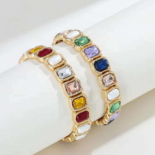 Vista 7 de hopmiss Baroque Pearl Stretch Bracelet with Faceted Rhinestone Cabochon, Luxury Molten Casting Texture Bracelet with Colored Gemstones for Women