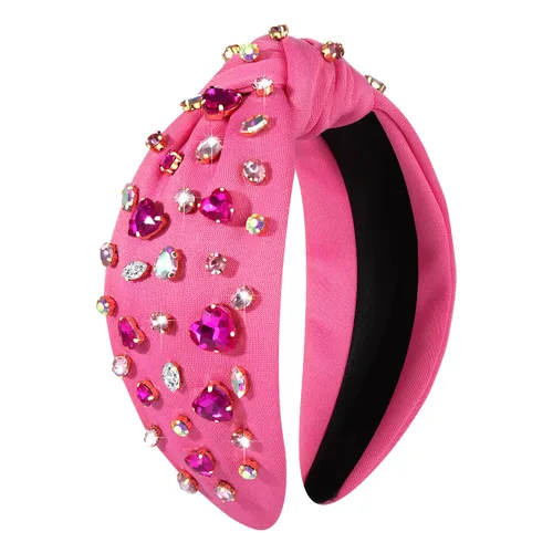 Vista 5 de Diadema rosa con joyas de caramelo de cristal para conversación diadema anudada con corazón banda ancha de terciopelo accesorios para el cabello