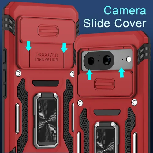 Vista 2 de DEERLAMN Funda para Google Pixel 8 con cubierta deslizante para cámara + protector de pantalla (1 paquete), soporte de anillo giratorio grado