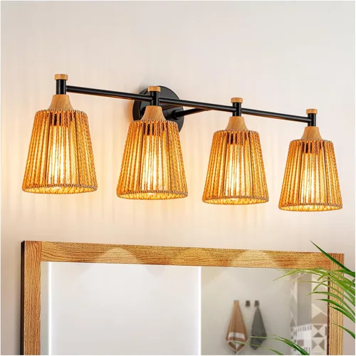 Vista 12 de Lámparas de baño bohemias, luces rústicas de tocador de 2 luces sobre el espejo, iluminación de ratán de granja con persianas tejidas a mano