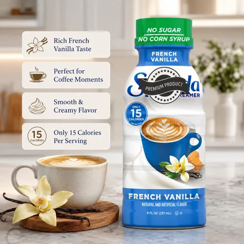 Vista 3 de Crema de café de vainilla francesa, botella de 8 onzas, sin azúcar, sin jarabe de maíz, crema líquida saborizada para café caliente o helado