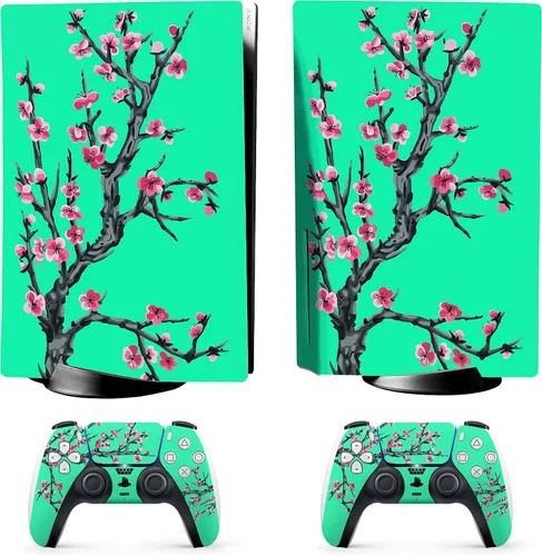 Vista 2 de HK Studio Calcomanía de flor de cerezo verde azulado, cubierta específica para PS5 Disc Edition y edición digital, impermeable, sin burbujas