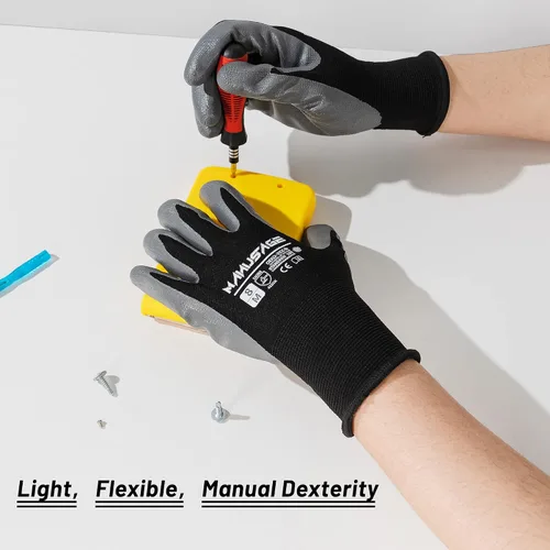 Vista 4 de MANUSAGE Guantes de trabajo de seguridad - Guante protector para hombres y mujeres - Protección de mano ultradelgada - Para construcción Negro