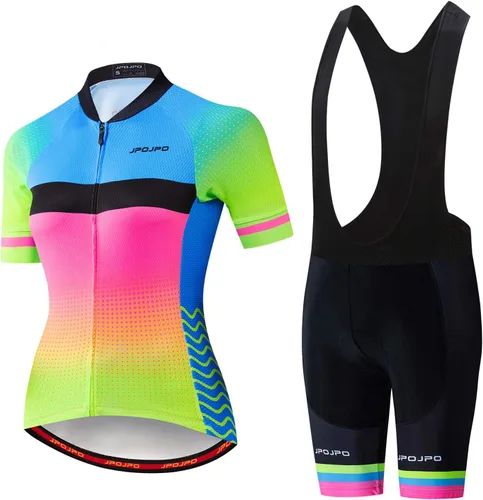 Vista 108 de Camiseta de ciclismo para mujer, manga corta y pantalones cortos de ciclismo acolchados para verano