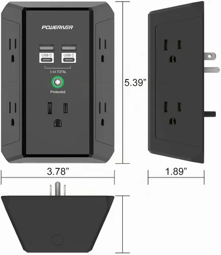 Vista 7 de POWERIVER - Extensor de sobretensiones multitoma de corriente con 5 salidas de CA y 4 puertos USB (2 USB C), 1,680 julios, divisor de salida