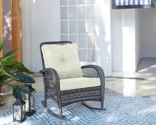 Vista 2 de Manhattan Comfort Fruttuo - Mecedora para exteriores con cojines impermeables extraíbles, hecha de ratán de acero, mecedora de patio resistente a