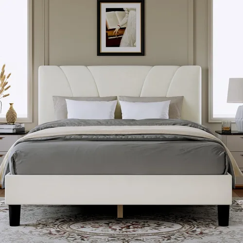 Vista 16 de Novilla Base de cama de tamaño matrimonial con plataforma de cabecera ajustable, base de cama matrimonial con cabecera tapizada de tela de lino,