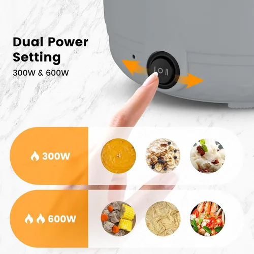 Vista 3 de Olla eléctrica caliente con vaporizador, cocina rápida de ramen, mini olla eléctrica de autocalentamiento portátil de 1.8L para cocinar fideos, Gris