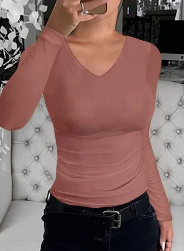 Vista 2 de LOLONG Camisetas para mujer de manga cortalarga, cuello en V, casual, acanalada, ajustada