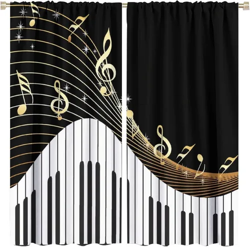 Vista 50 de Cortinas de notas musicales, blanco y negro, instrumento musical, canción, arte de canción, opacas, para ventana, dormitorio, sala de estar