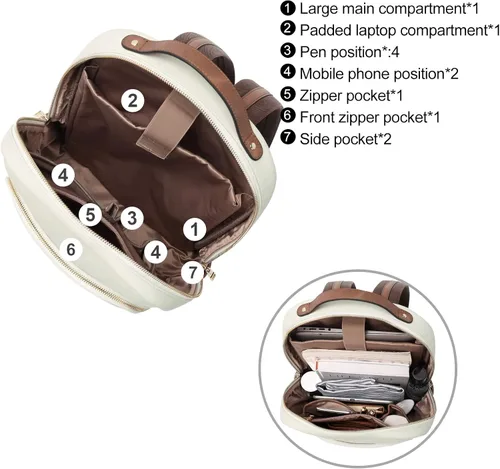 Vista 4 de CLUCI Mochila de cuero para mujer de 15.6 pulgadas, mochila para computadora portátil, mochila para viajes, avión, mochila casual, color beige