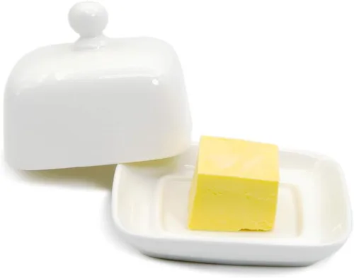 Vista 8 de NAGU Mini plato de mantequilla ovalado con tapa, plato de queso blanco con forma de procelain abovedado con asa, bandeja de mantequilla pequeña