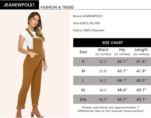Vista 3 de Jeanewpole1 Overol de pana para mujer, ajuste regular, pantalones largos, con bolsillo