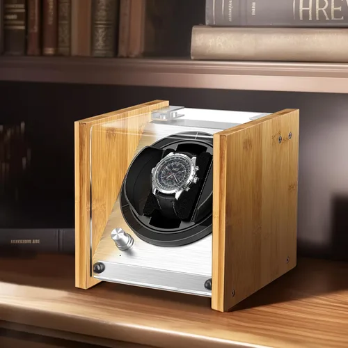 Vista 3 de Watch Winder Smith Bobinadora de reloj automática individual de bambú - 4 modos de rotación, motor silencioso