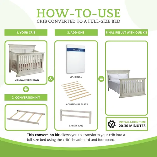 Vista 5 de Kit de conversión de tamaño completo, rieles de cama para cunas de bebé, múltiples acabados disponibles (blanco antiguo)