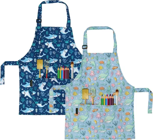 Vista 11 de BeeGreen Kids Cooking Aprons 2 Pack, Adjustable Strap Toddler Art Apron with Front Pocket