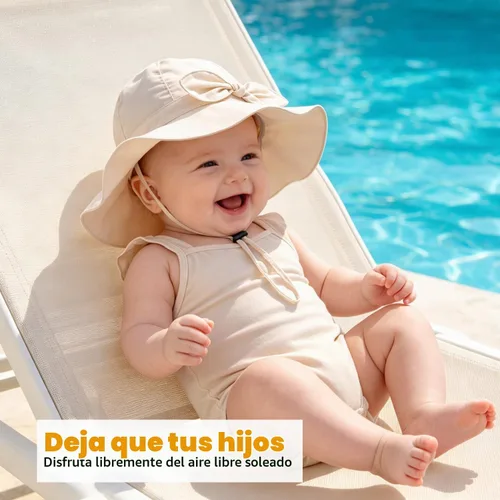 Vista 3 de Sombrero de sol para bebé niña con UPF 50+ sombrero de playa ajustable para exteriores con ala ancha Beige