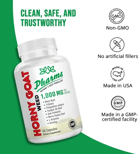 Vista 7 de PHARMS Hornygoatweed para hombres y mujeres (1,000 mg) - Cápsulas de energía y resistencia con raíz de maca, tribulus, tongkat ali, palma enana