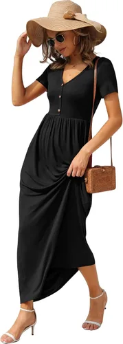 Vista 3 de GRECERELLE Vestido largo para mujer, manga corta, cuello en V, casual, con botones, con bolsillos