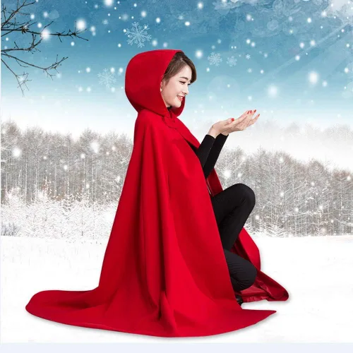 Vista 6 de Yimidear Capa de invierno para mujer, capa roja cálida con capucha de mezcla de lana, chaqueta de poncho