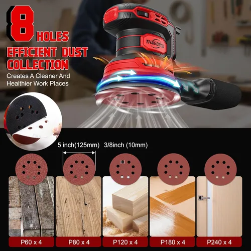 Vista 5 de Lijadora orbital inalámbrica compatible con Milwaukee 18V, lijadora orbital eléctrica con motor sin escobillas de 12000 RPM, lijadora de velocidad