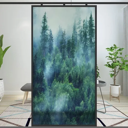 Vista 5 de Película de privacidad para ventana, diseño de bosque brumoso natural, película decorativa de vidrio manchado, película extraíble para baño, ducha
