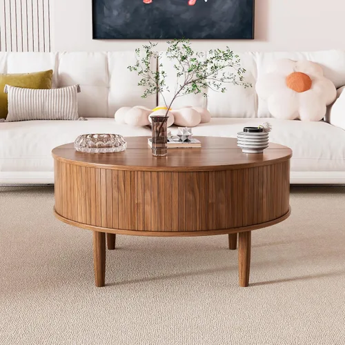 Vista 7 de Mesa de centro redonda acanalada con tapa elevable y almacenamiento, mesa de centro moderna de mediados de siglo para sala de estar, espacio pequeño