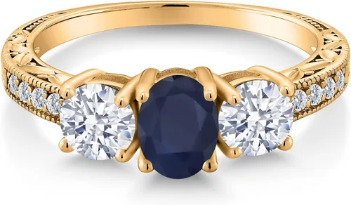 Vista 3 de Anillo de compromiso de 3 piedras preciosas con piedra natal para mujer en plata chapada en oro amarillo de 18 quilates, ovalado de 0.276 x 0.197