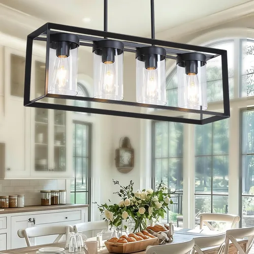Vista 10 de Paquete de 1 lámpara colgante de isla de cocina negra de granja, altura ajustable, barra de metal colgante moderna con jaula de metal, pantalla