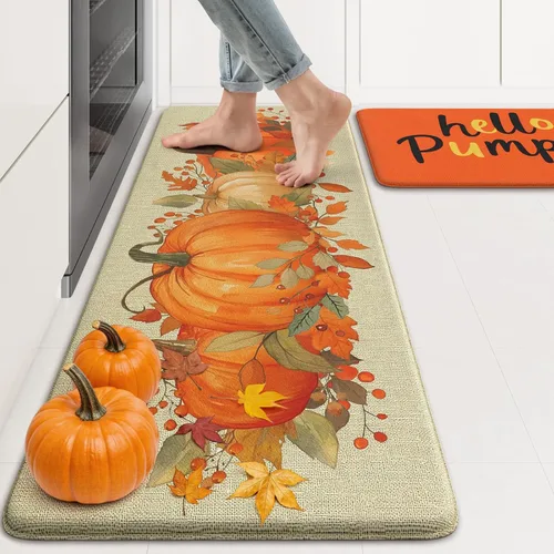 Vista 15 de KIMODE Tapetes Antifatiga para Piso de Cocina 17"x47"+17"x29", Juego de 2 Alfombras de Cocina a Cuadros Marrón y Blanco, Tapete de Cocina