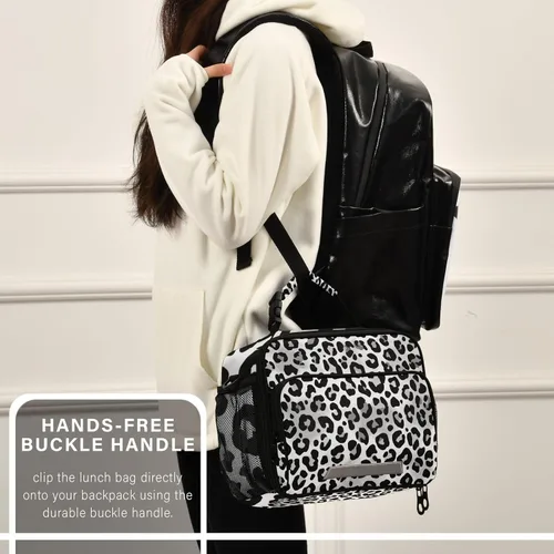 Vista 6 de Kcldeci Bolsa de almuerzo de colores grises con estampado de leopardo animal, bolsas de almuerzo aisladas, caja de almuerzo reutilizable, bolsa