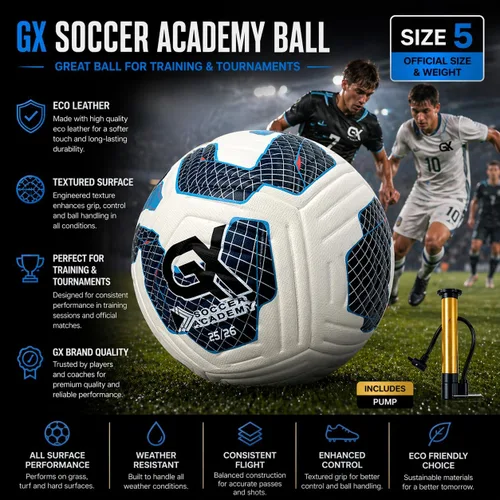 Vista 3 de GX Soccer Academy Tour+ Professional Soccer Ball, Size 5, Green and White Competition Ball