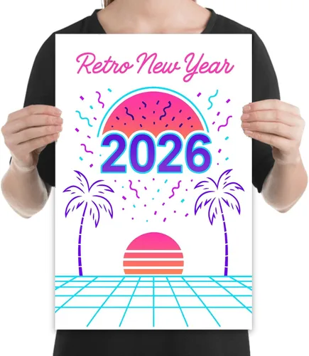 Vista 2 de Retrofuturist Neon Sunset Poster - Gloss Paper Finish - 80s Style Decor for New Year Celebration