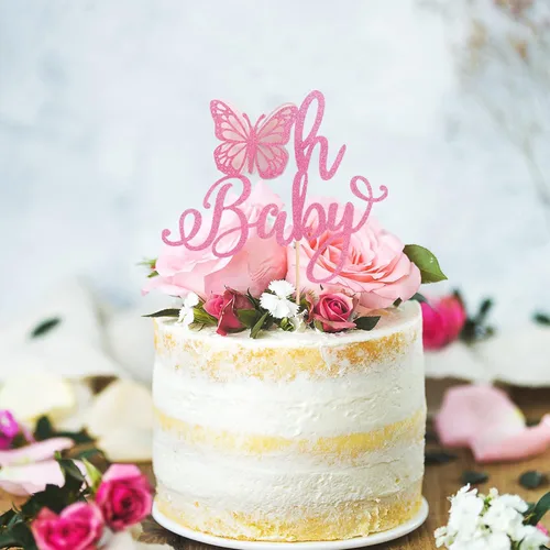 Vista 5 de Rsstarxi 1 paquete de decoración de pastel de mariposa Oh Baby con purpurina para baby shower, decoración de pastel de mariposa para revelación