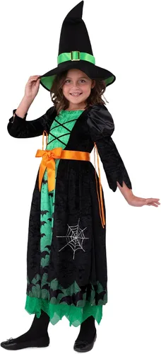 Vista 4 de Spooktacular Creations Disfraz de bruja verde para niñas disfraz de murciélago de bruja de cuento de hadas con sombrero disfraz de bruja malvada
