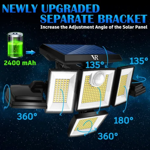 Vista 6 de Luces de Inundación Solares con Sensor de Movimiento para Exteriores – 496 LED 3500 lm, 3 modos de iluminación, 3 niveles de brillo, 6 cabezales
