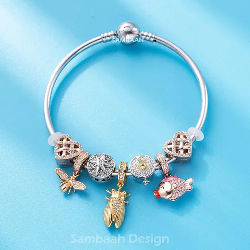 Vista 4 de Abalorios de oro rosa de plata esterlina para pulseras estilo Pandora - Cumpleañoscorazónala de ángelplumaestrella
